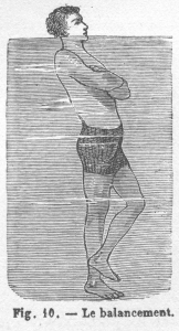 illustration of a man treading water, keeping his head above water, with the French caption 'Fig. 10 - Le balancement'